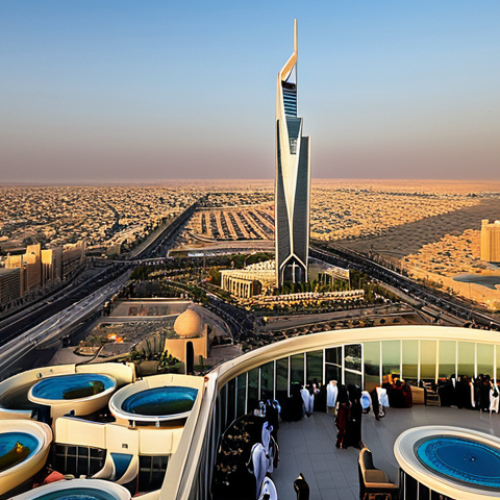 Modern Riyadh Skyline at Sunset**

A panoramic view of the Riyadh skyline at sunset, showcasing the Kingdom Centre Tower and Al Faisaliah Tower, fully clothed people enjoying the view from a rooftop cafe, modest attire, appropriate content, safe for work, perfect anatomy, natural proportions, golden hour lighting, professional photography, high resolution.

**