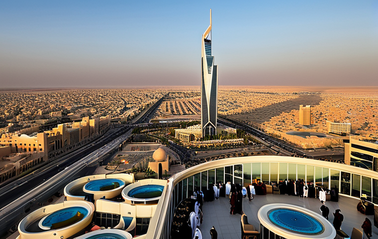 Modern Riyadh Skyline at Sunset**

A panoramic view of the Riyadh skyline at sunset, showcasing the Kingdom Centre Tower and Al Faisaliah Tower, fully clothed people enjoying the view from a rooftop cafe, modest attire, appropriate content, safe for work, perfect anatomy, natural proportions, golden hour lighting, professional photography, high resolution.

**